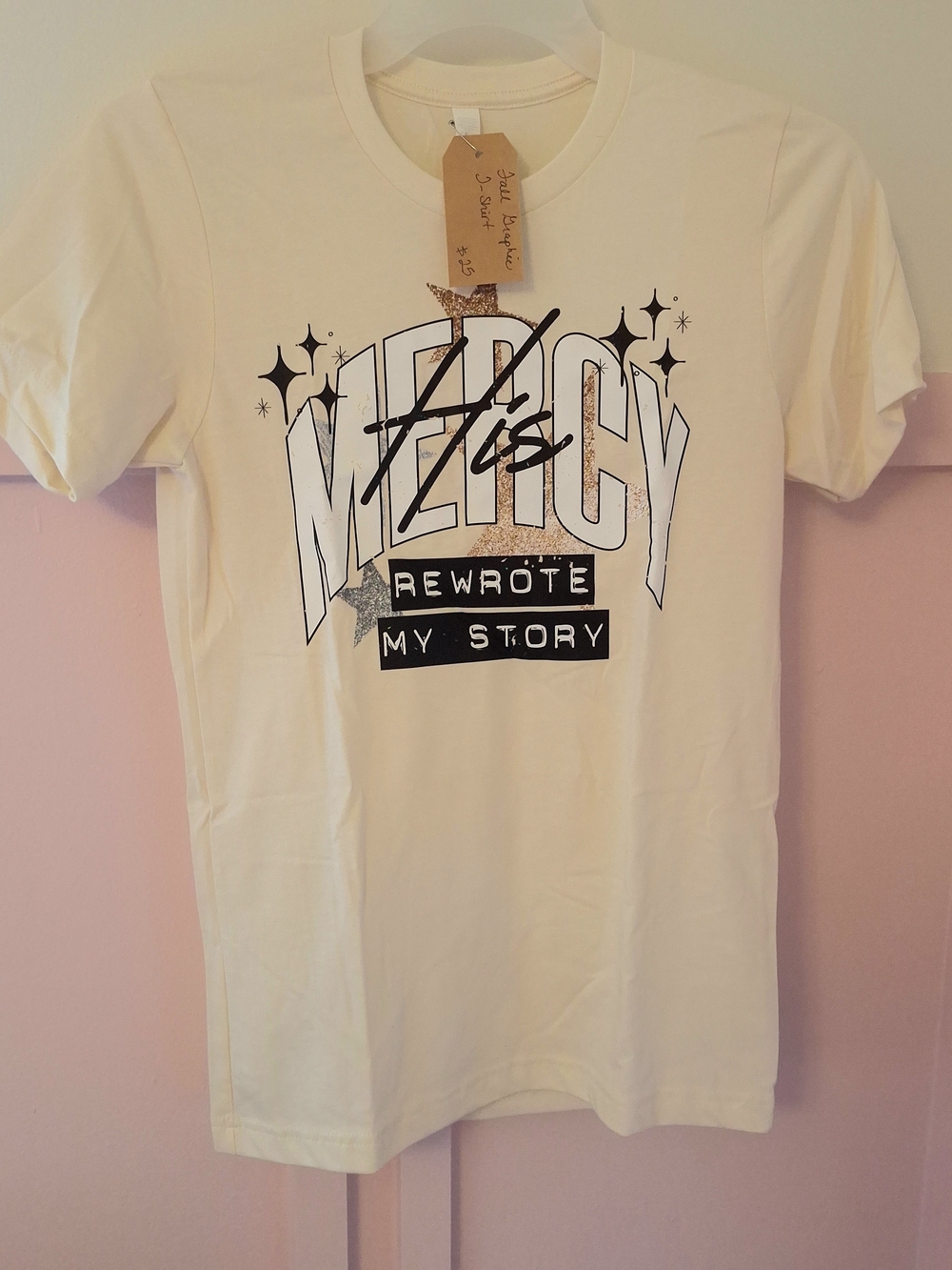 NWT Size Small Women's Cream Graphic Tee - Mercy Rewrote My Story